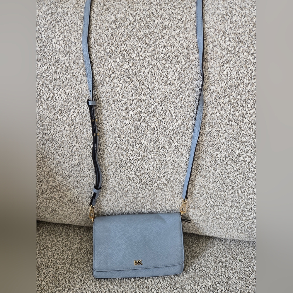 Michael Kors Light Blue Pebbled Leather Wallet/Phone Crossbody
